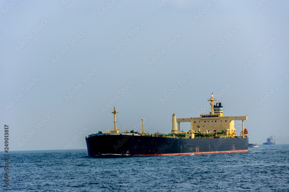 The cargo ship on the sea during the day