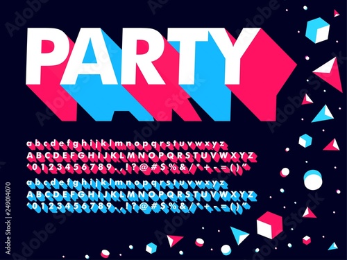 Modern 3d geometric neon typeface font for party music event with 3d pattern design, dark background, two different color, type set collection compatible with illustrator 10 