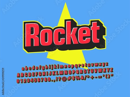 simple 3d retro blue font design, semi 3d blue red yellow rocket alphabet template, letter number uppercase and symbol compatible with illustrator 10 