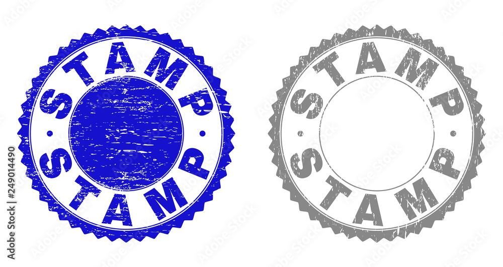 Grunge STAMP seals isolated on a white background. Rosette seals with grunge texture in blue and gray colors. Vector rubber stamp imitation of STAMP label inside round rosette. Grunge STAMP seals isolated on a white background. Rosette seals with grunge texture in blue and gray colors. Vector rubber stamp imitation of STAMP label inside round rosette.