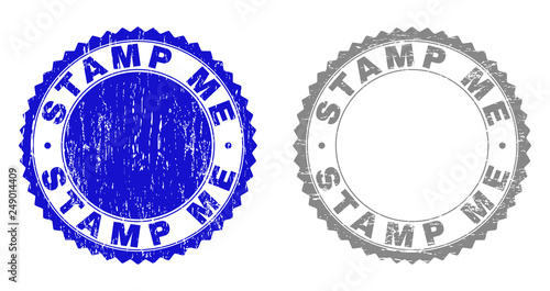 Grunge STAMP ME stamp seals isolated on a white background. Rosette seals with grunge texture in blue and gray colors. Vector rubber stamp imprint of STAMP ME text inside round rosette.