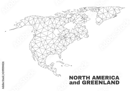 Abstract North America and Greenland map isolated on a white background. Triangular mesh model in black color of North America and Greenland map.