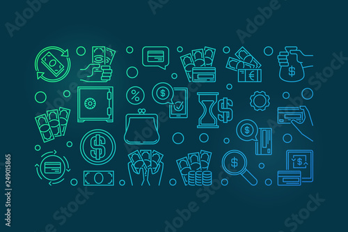 Money vector colorful horizontal illustration made with cash, credit card, banknote outline icons on dark background