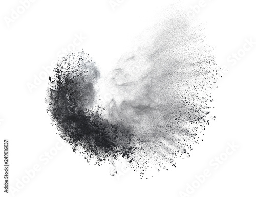 Black powder or flour explosion isolated on white background freeze stop motion object design