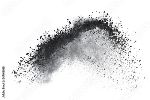 Black powder or flour explosion isolated on white background freeze stop motion object design