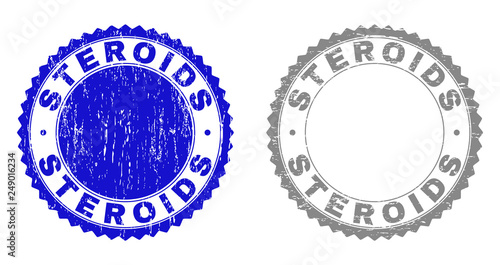 Grunge STEROIDS stamp seals isolated on a white background. Rosette seals with grunge texture in blue and gray colors. Vector rubber stamp imprint of STEROIDS text inside round rosette.