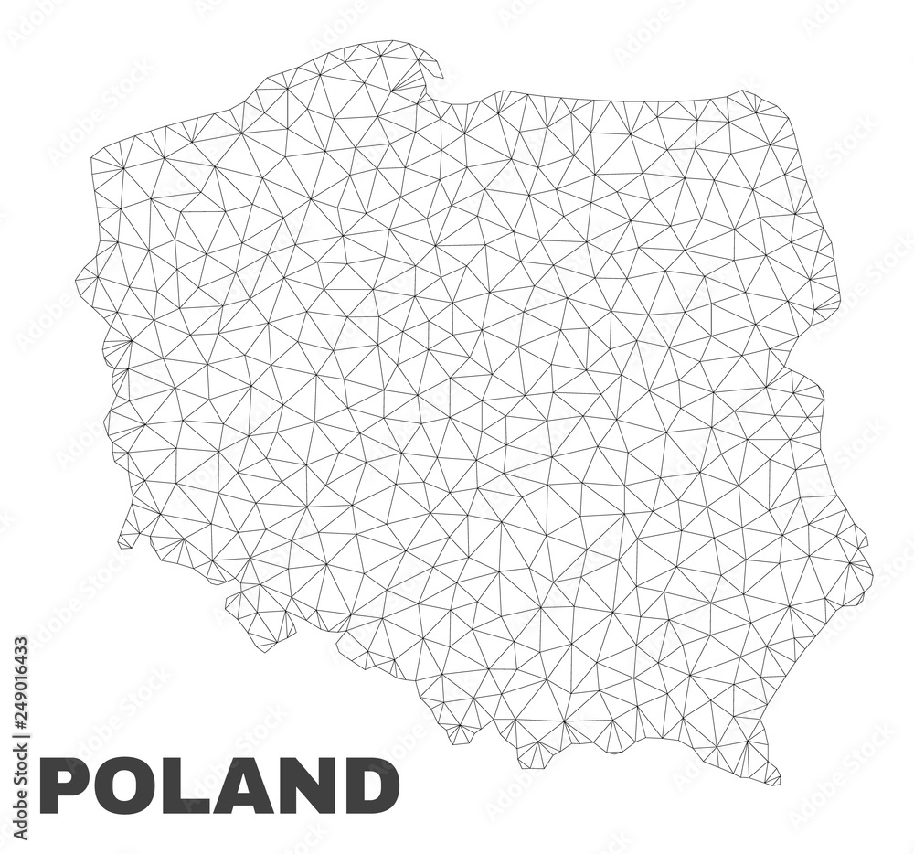Abstract Poland map isolated on a white background. Triangular mesh model in black color of Poland map. Polygonal geographic scheme designed for political illustrations. Abstract Poland map isolated on a white background. Triangular mesh model in black color of Poland map. Polygonal geographic scheme designed for political illustrations.