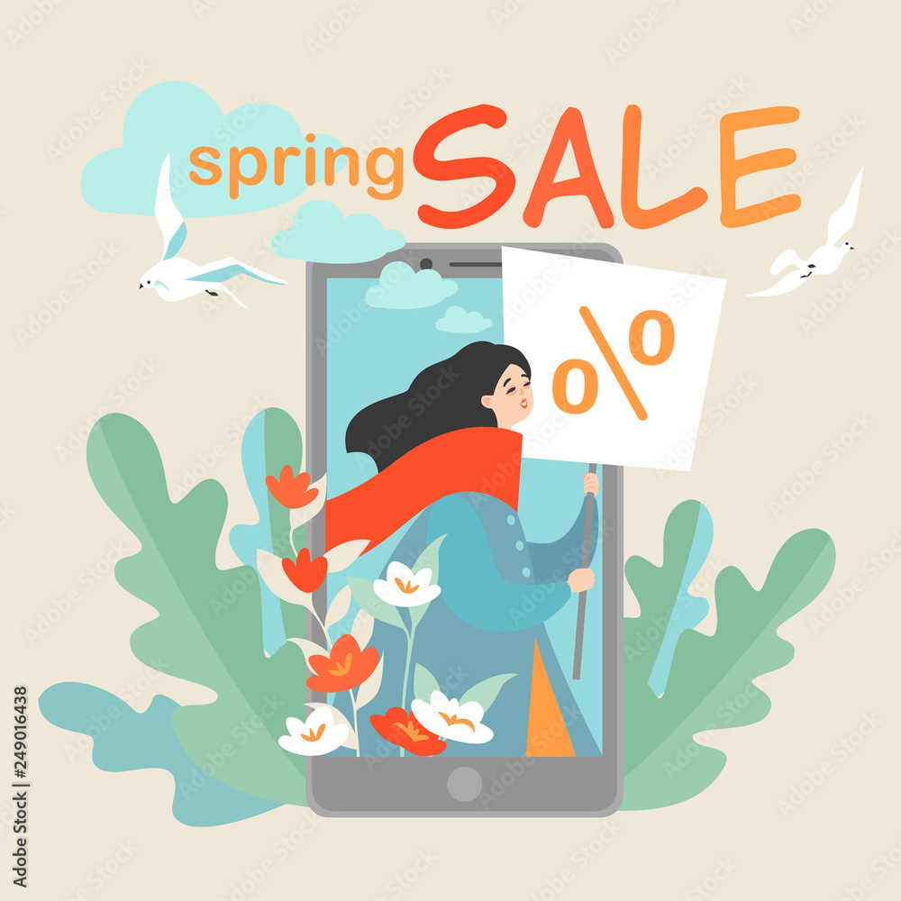 Creative vector illustration concept of online sales and advertising in mobile applications with a girl holding a placard