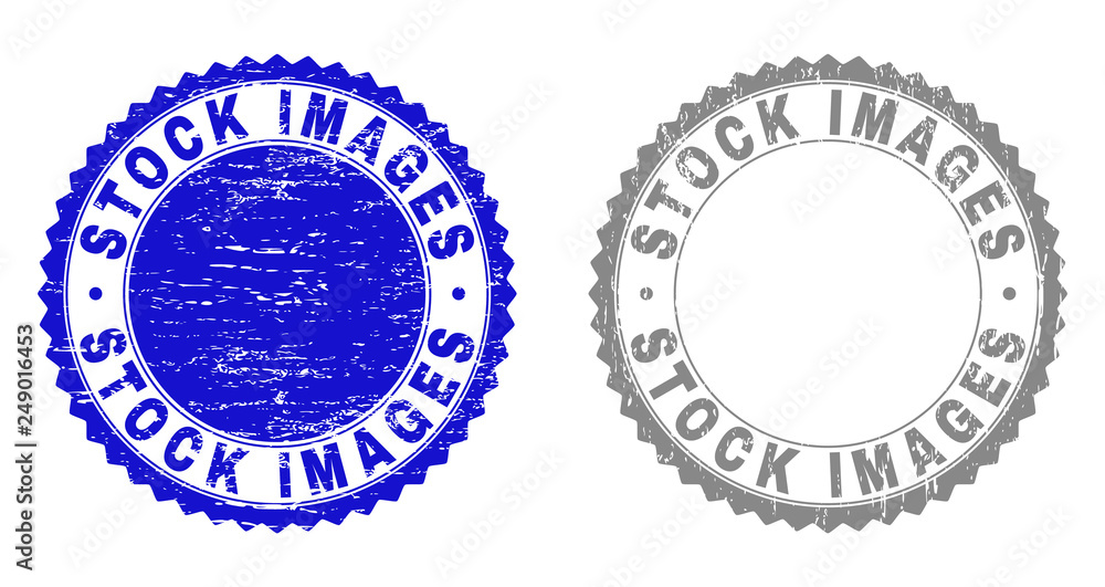 Obraz premium Grunge STOCK IMAGES stamp seals isolated on a white background. Rosette seals with distress texture in blue and grey colors. Vector rubber stamp imitation of STOCK IMAGES label inside round rosette.