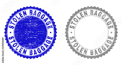 Grunge STOLEN BAGGAGE stamp seals isolated on a white background. Rosette seals with grunge texture in blue and gray colors. Vector rubber stamp imprint of STOLEN BAGGAGE tag inside round rosette.