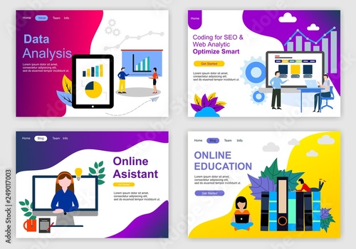 Set of web page design templates for teamwork, business strategy, analytic and presentation. Modern vector illustration concepts for website and mobile website development. Vector