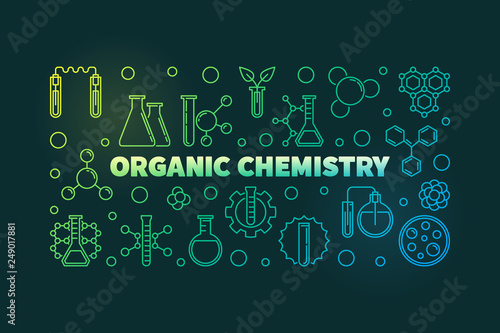 Organic Chemistry concept horizontal outline banner. Vector chemistry concept linear illustration on dark background
