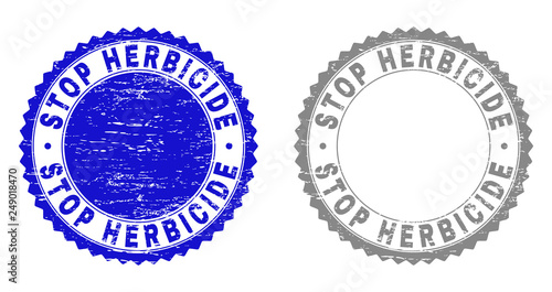 Grunge STOP HERBICIDE stamp seals isolated on a white background. Rosette seals with distress texture in blue and grey colors.