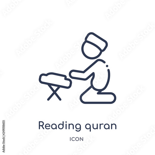 reading quran icon from religion outline collection. Thin line reading quran icon isolated on white background.