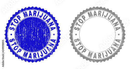 Grunge STOP MARIJUANA stamp seals isolated on a white background. Rosette seals with grunge texture in blue and gray colors. Vector rubber stamp imprint of STOP MARIJUANA tag inside round rosette.