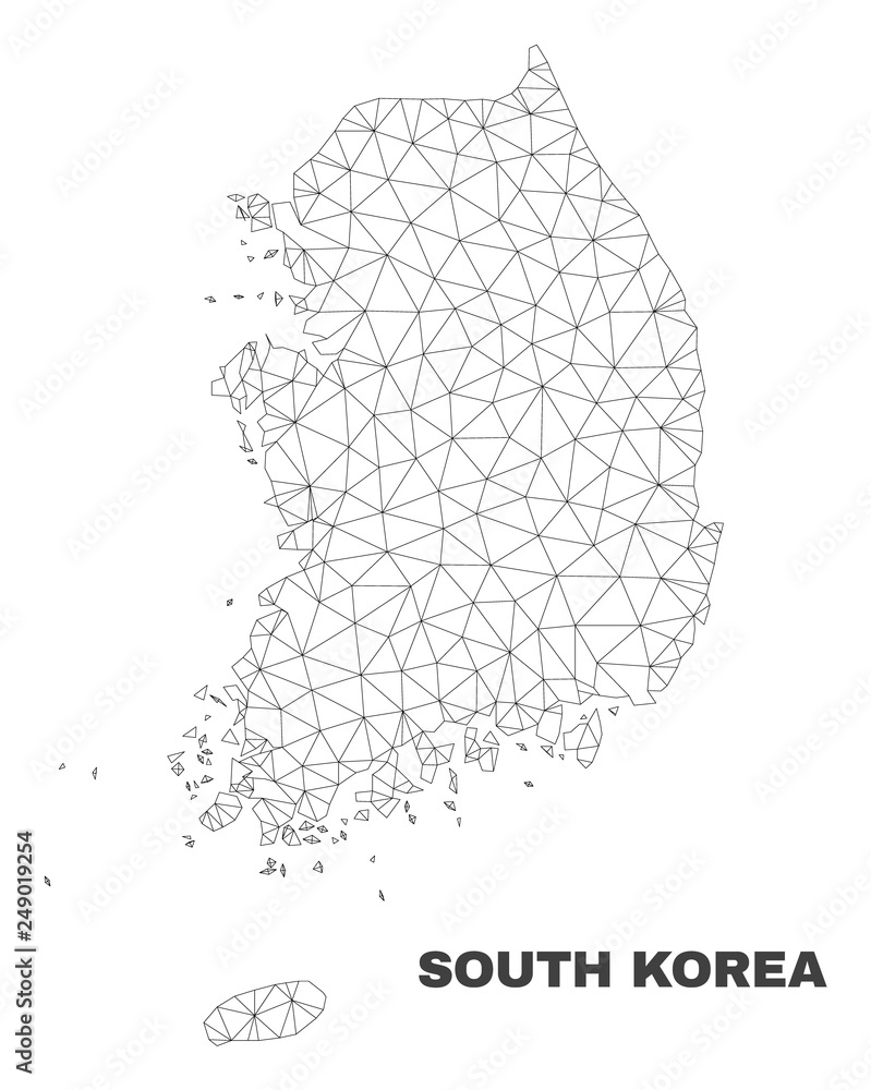 Abstract South Korea map isolated on a white background. Triangular mesh model in black color of South Korea map. Polygonal geographic scheme designed for political illustrations. Abstract South Korea map isolated on a white background. Triangular mesh model in black color of South Korea map. Polygonal geographic scheme designed for political illustrations.