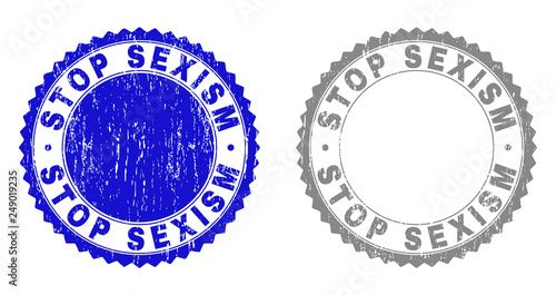 Grunge STOP SEXISM stamp seals isolated on a white background. Rosette seals with grunge texture in blue and grey colors. Vector rubber stamp imitation of STOP SEXISM label inside round rosette.