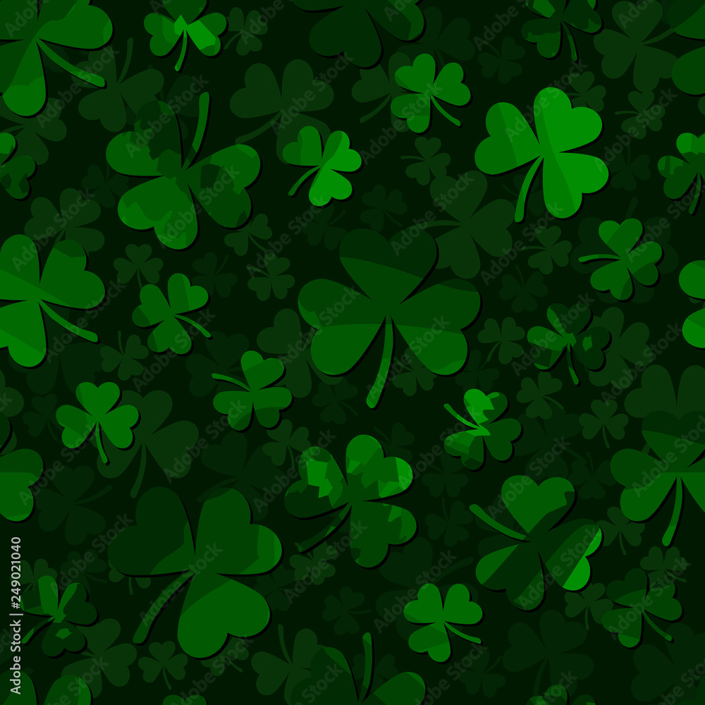 dark green patrick backgorund. shamrock seamless pattern. clover leaves. St. Patrick's Day. Vector illustration. textile paint. repetitive background. fabric swatch dark green patrick backgorund. shamrock seamless pattern. clover leaves. St. Patrick's Day. Vector illustration. textile paint. repetitive background. fabric swatch