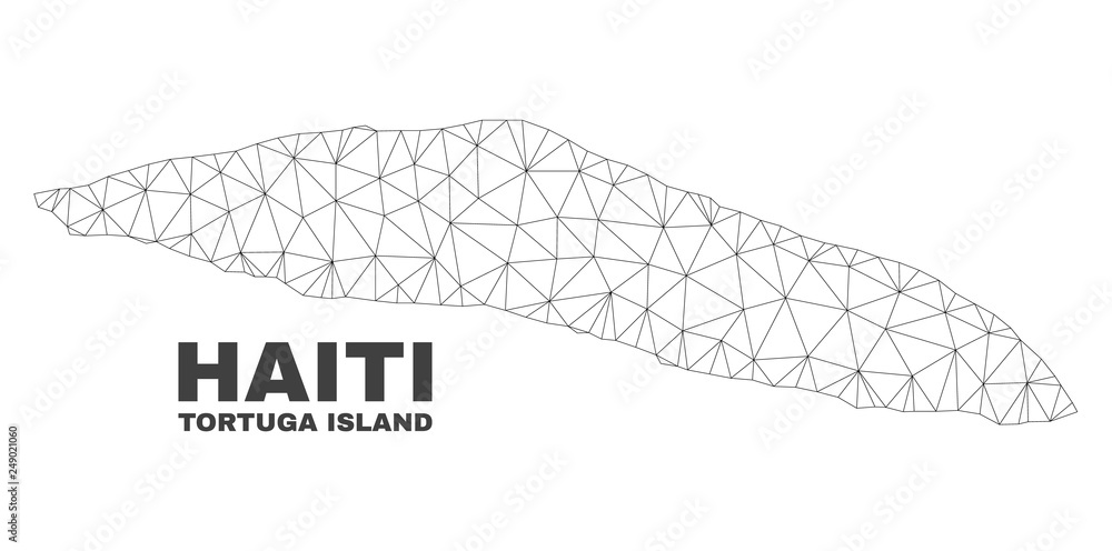 Abstract Tortuga Island of Haiti map isolated on a white background. Triangular mesh model in black color of Tortuga Island of Haiti map. Abstract Tortuga Island of Haiti map isolated on a white background. Triangular mesh model in black color of Tortuga Island of Haiti map.