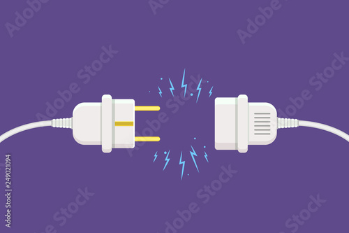 Disconnect Plug with electricity spark. Vector illustration in flat style