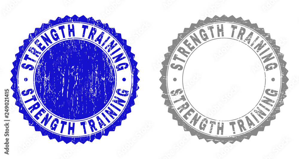 Grunge STRENGTH TRAINING stamp seals isolated on a white background. Rosette seals with grunge texture in blue and gray colors.