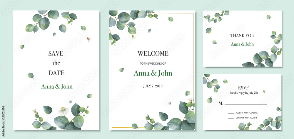 Watercolor vector set wedding invitation card template design with green eucalyptus leaves.