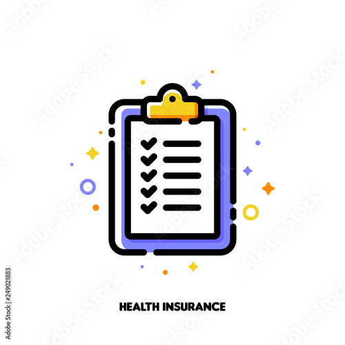 Icon of clipboard with checkmarks for health insurance claim form concept. Flat filled outline style. Pixel perfect 64x64. Editable stroke