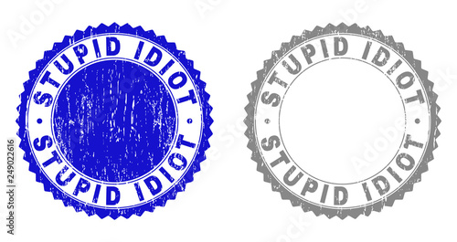 Grunge STUPID IDIOT stamp seals isolated on a white background. Rosette seals with distress texture in blue and gray colors. Vector rubber watermark of STUPID IDIOT text inside round rosette.