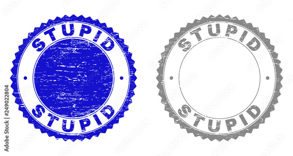 Grunge STUPID stamp seals isolated on a white background. Rosette seals with grunge texture in blue and gray colors. Vector rubber stamp imitation of STUPID text inside round rosette.