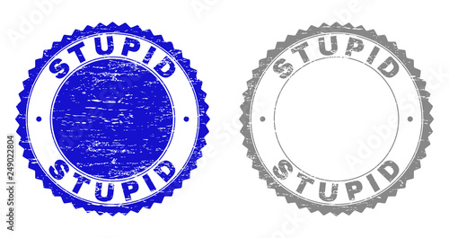 Grunge STUPID stamp seals isolated on a white background. Rosette seals with grunge texture in blue and gray colors. Vector rubber stamp imitation of STUPID text inside round rosette.