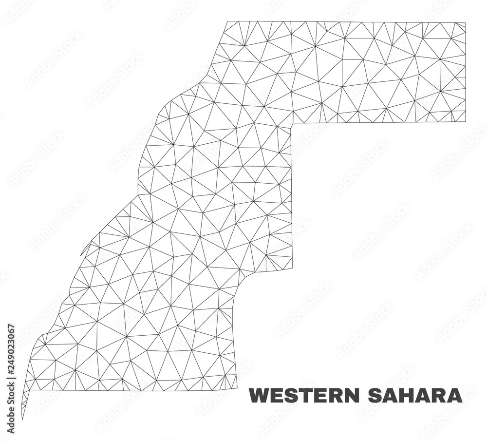 Obraz premium Abstract Western Sahara map isolated on a white background. Triangular mesh model in black color of Western Sahara map. Polygonal geographic scheme designed for political illustrations.