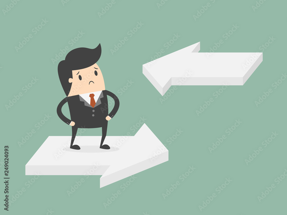 A Businessman In Doubt, Having To Choose Between Two Different Choices. Business Concept Illustration.