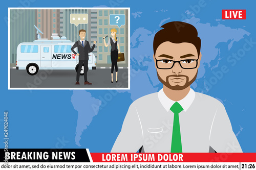 news anchor on tv breaking news background
