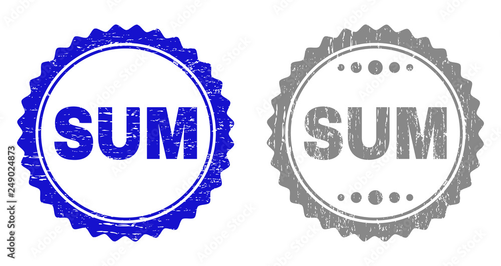 Grunge SUM stamp seals isolated on a white background. Rosette seals with distress texture in blue and gray colors. Vector rubber watermark of SUM caption inside round rosette.
