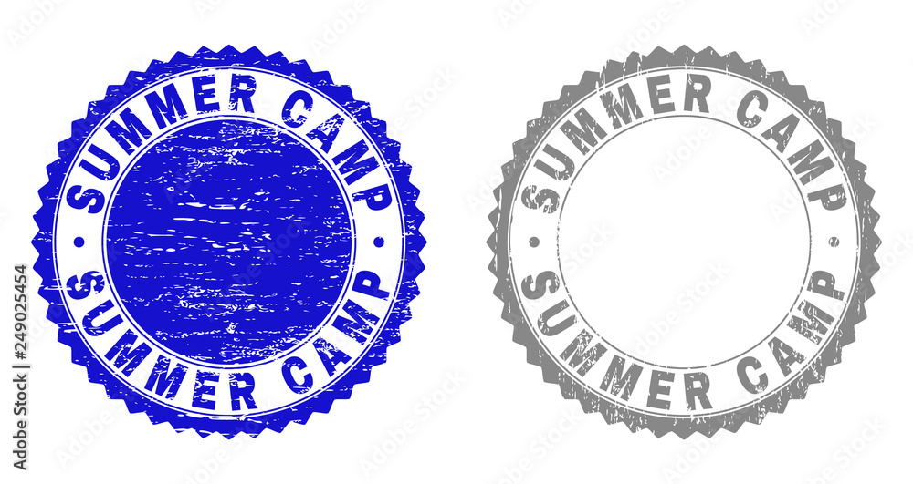 Obraz premium Grunge SUMMER CAMP stamp seals isolated on a white background. Rosette seals with grunge texture in blue and gray colors. Vector rubber stamp imprint of SUMMER CAMP caption inside round rosette.
