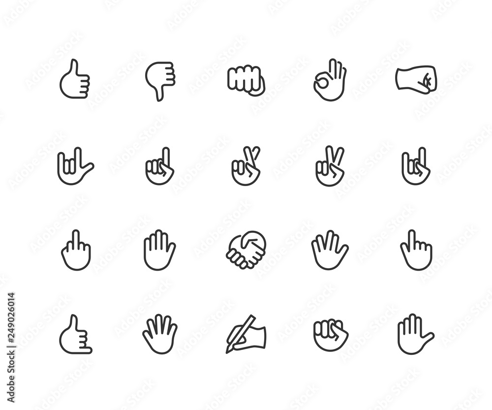 Hand gesture linear icons set. Point out, cool, approve, hello, heavy ...