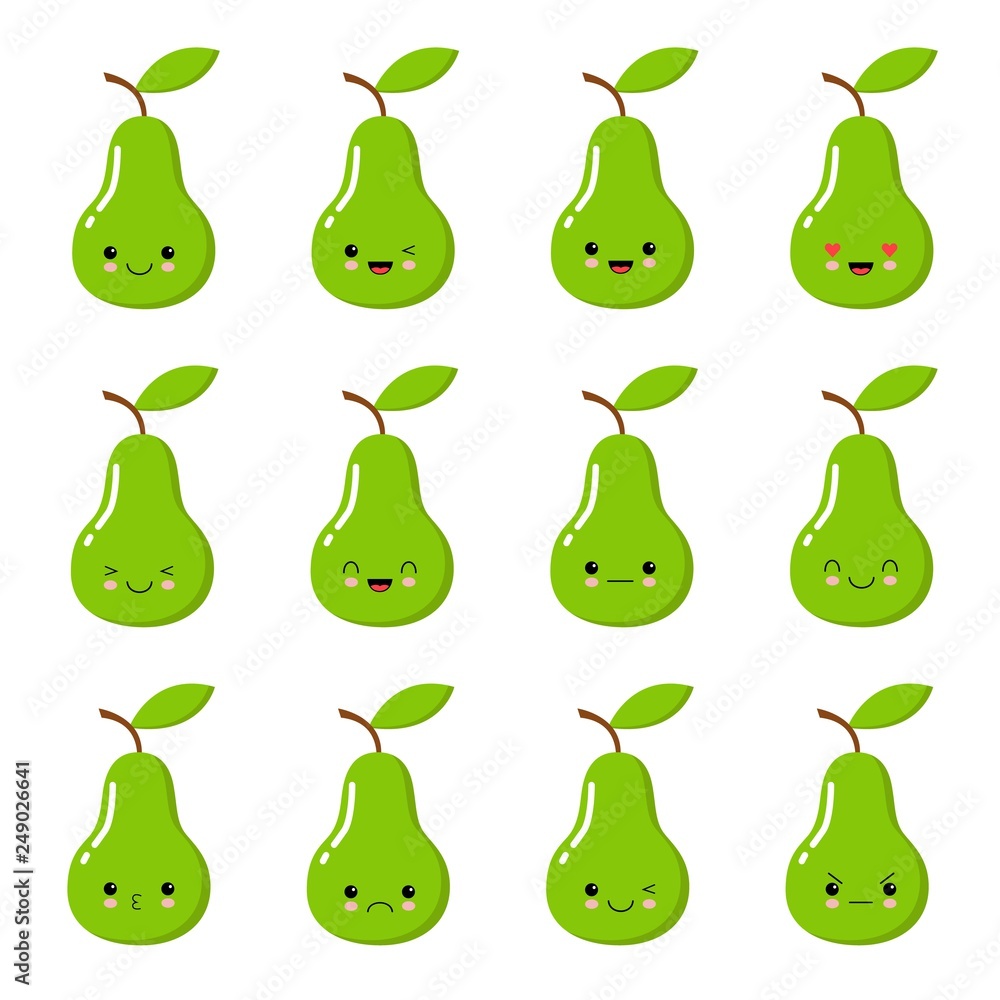 Cute vector set of green pear fruit character in different action emotion. Kawaii style Cute vector set of green pear fruit character in different action emotion. Kawaii style