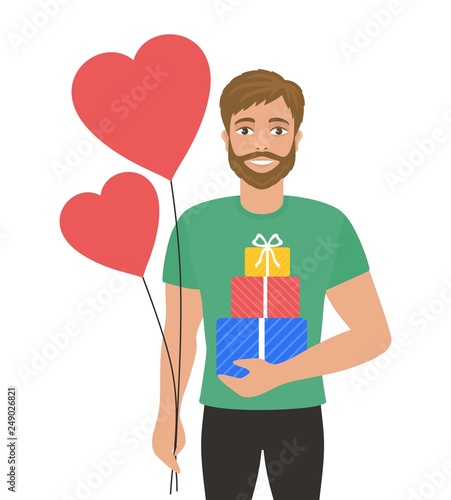 Young man with heart-shaped balloons and gifts boxes. Greeting card for Valentine's Day, Birthday,  Mother's Day or wedding. Fall in love. Romantic concept. Isolated vector on white background. 