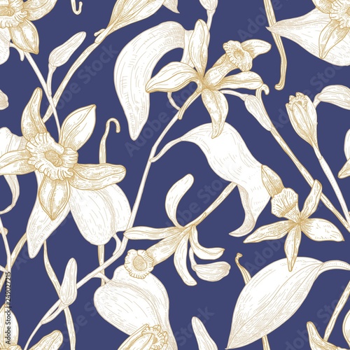 Elegant seamless pattern with blooming vanilla flowers hand drawn with contour lines on blue background. Floral backdrop with blossom of exotic plant. Botanical vector illustration for textile print.