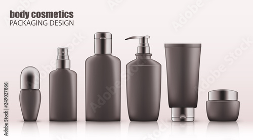 Set of realistic green glass bottles eco cosvetic