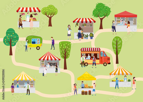 Outdoor street food festival with people walking between vans or caterers, canopy, buying meals, eating and drinking, taking selfie, talking to each other. Template, flyer, baner, invitation, card