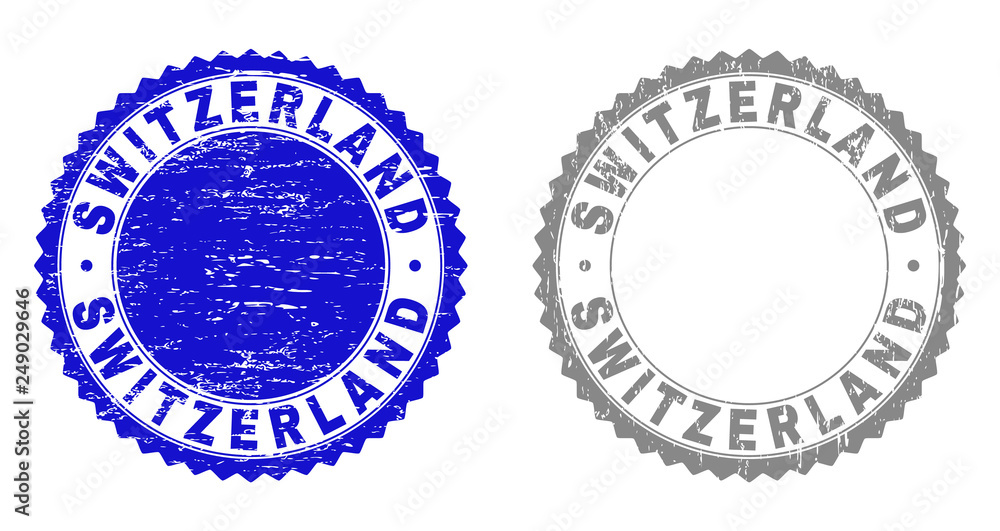 Grunge SWITZERLAND stamp seals isolated on a white background. Rosette seals with grunge texture in blue and grey colors. Vector rubber watermark of SWITZERLAND caption inside round rosette. Grunge SWITZERLAND stamp seals isolated on a white background. Rosette seals with grunge texture in blue and grey colors. Vector rubber watermark of SWITZERLAND caption inside round rosette.