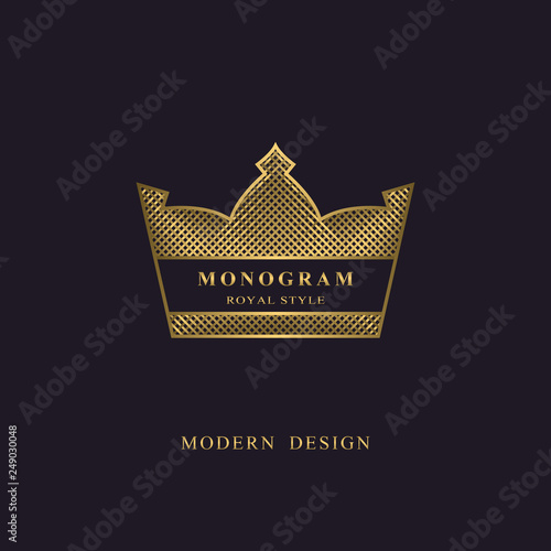 Golden liner monogram. Crown Logotype. Sign of king. Elegant design. Bright volumetric creative emblem for Royalty, business card, company name logo, Hotel, Restaurant. 3d Web icon Vector illustration