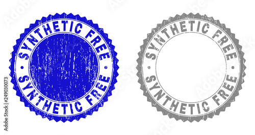 Grunge SYNTHETIC FREE watermarks isolated on a white background. Rosette seals with grunge texture in blue and grey colors. Vector rubber stamp imprint of SYNTHETIC FREE caption inside round rosette.