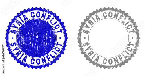 Grunge SYRIA CONFLICT stamp seals isolated on a white background. Rosette seals with grunge texture in blue and gray colors.