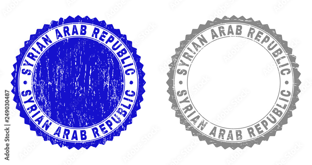 Grunge SYRIAN ARAB REPUBLIC stamp seals isolated on a white background. Rosette seals with distress texture in blue and grey colors. Grunge SYRIAN ARAB REPUBLIC stamp seals isolated on a white background. Rosette seals with distress texture in blue and grey colors.
