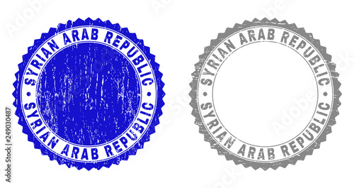 Grunge SYRIAN ARAB REPUBLIC stamp seals isolated on a white background. Rosette seals with distress texture in blue and grey colors.