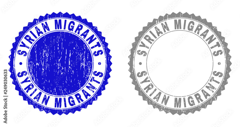 Obraz premium Grunge SYRIAN MIGRANTS stamp seals isolated on a white background. Rosette seals with grunge texture in blue and grey colors. Vector rubber stamp imprint of SYRIAN MIGRANTS label inside round rosette.