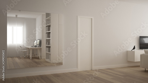 Big square mirror in minimalistic white one bedroom apartment with parquet floor  reflecting home workplace  white table with computer desktop  modern interior design