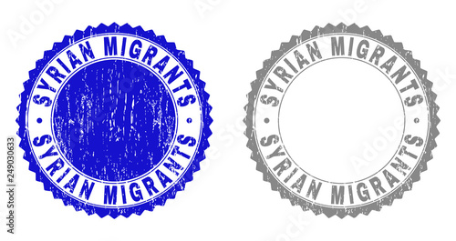 Grunge SYRIAN MIGRANTS stamp seals isolated on a white background. Rosette seals with grunge texture in blue and grey colors. Vector rubber stamp imprint of SYRIAN MIGRANTS label inside round rosette.